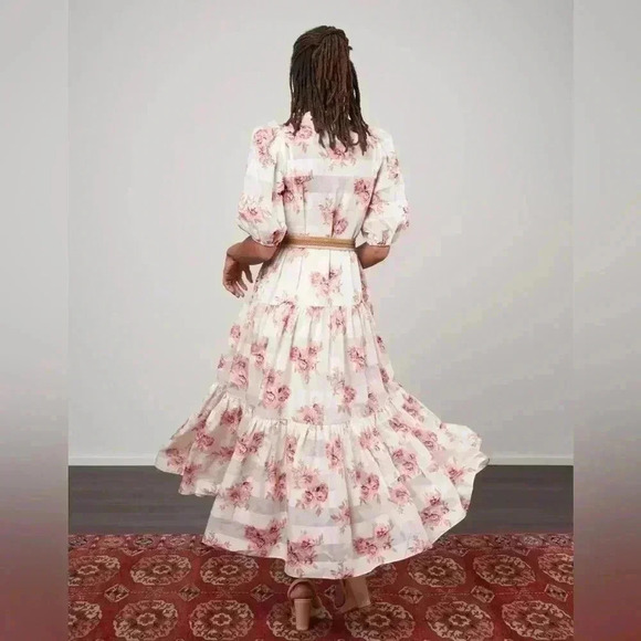 Zimmermann Rosa Midi Dress 2 US 8 M Silk Cotton Floral Stripe Tiered Belted Maxi - Picture 4 of 16
